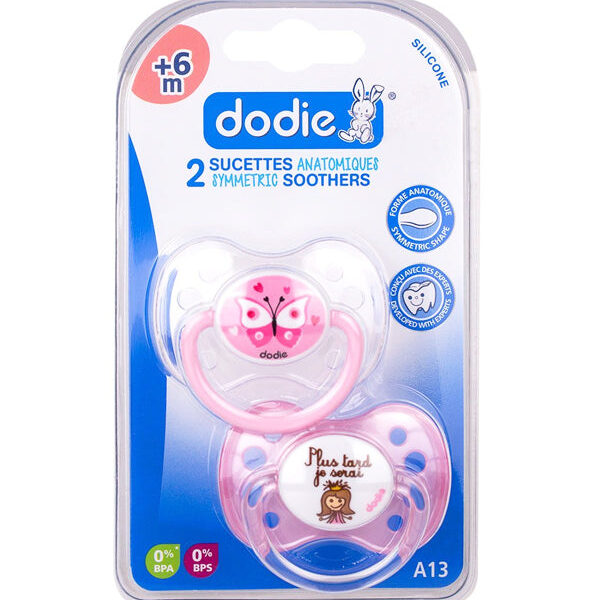 Dodie – Sucettes Forme Anatomique Silicone (6M +) N°A13 Papillon & Princesse