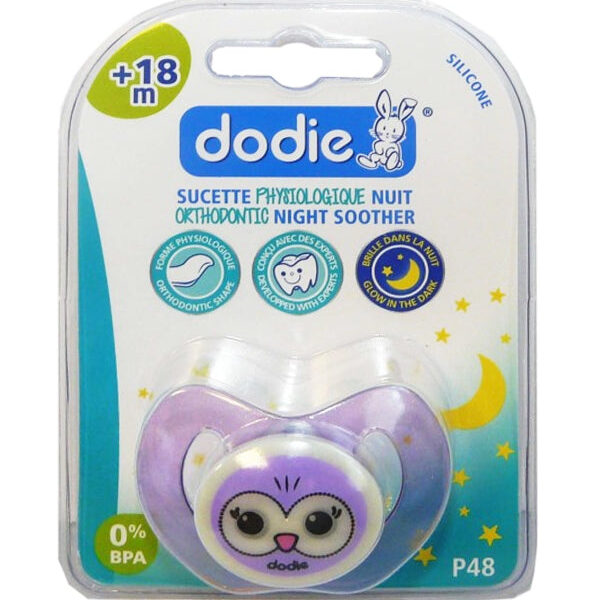 Dodie – Sucette Physiologique Silicone Nuit (18M+) N°48 Chouette & Mouton