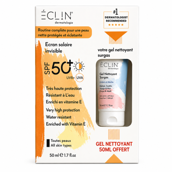 Eclin – Pack Écran Solaire Invisible SPF 50+ 50 Ml = Gel Nettoyant 50 Ml Offert
