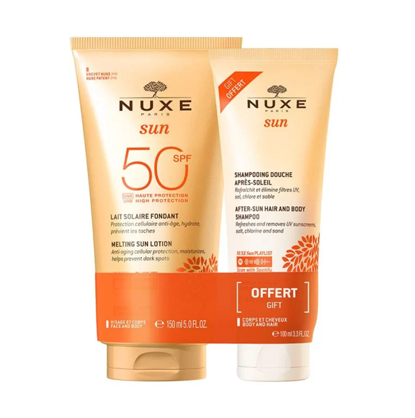 NUXE – Lait Solaire Fondant Haute Protection SPF 50 Visage et Corps150 Ml + NUXE Shampooing Douche Apres Soleil – 100 Ml