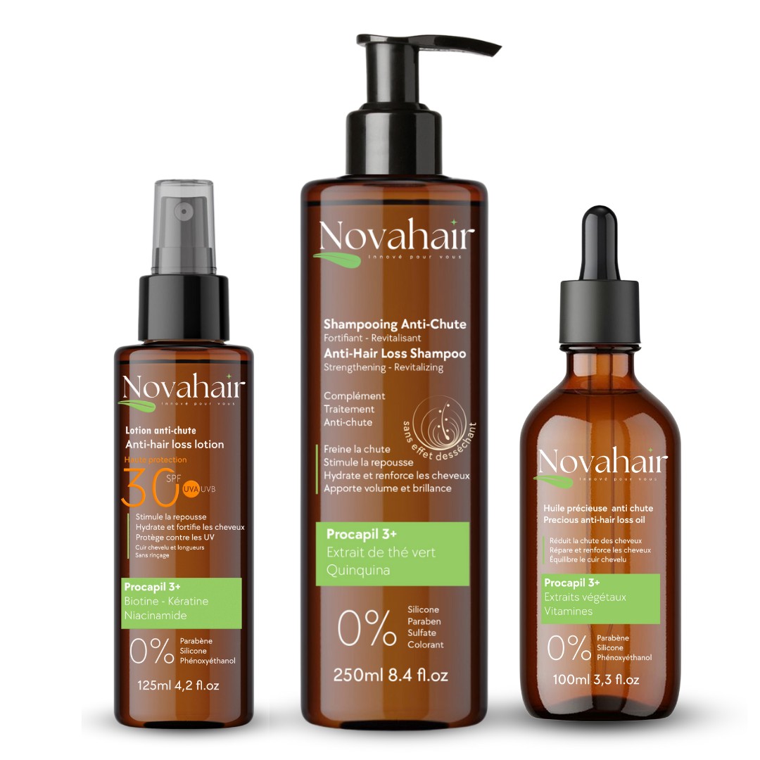 Lotion, shampoing anti-chute et huile précieuse Novahair